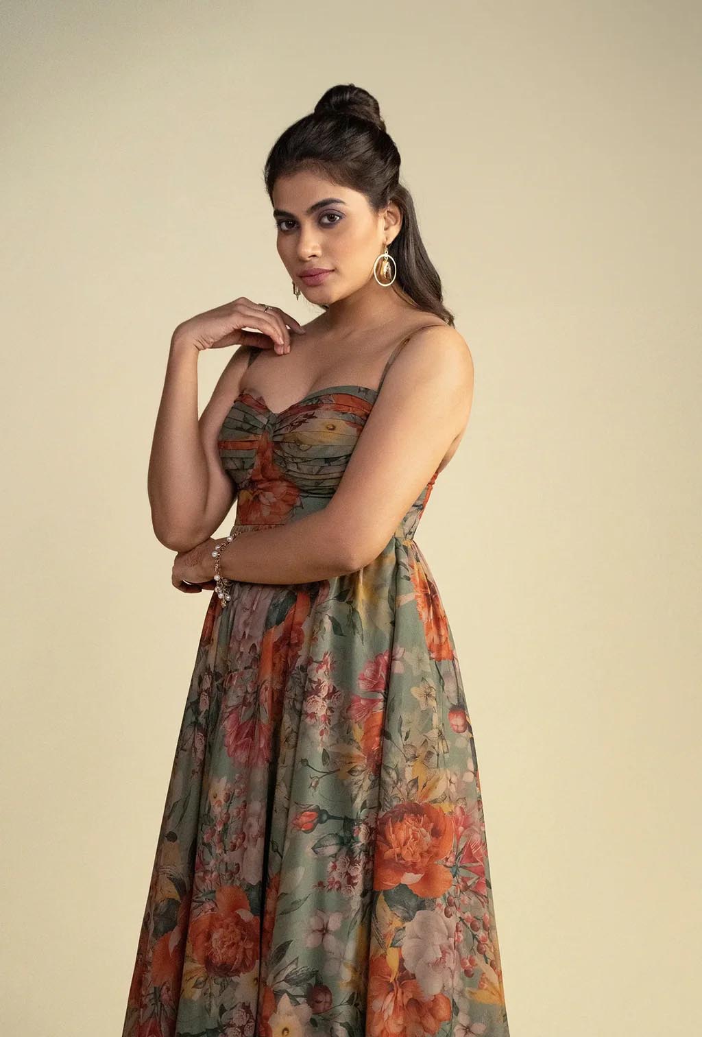 Olive Green Floral Print Short Dress