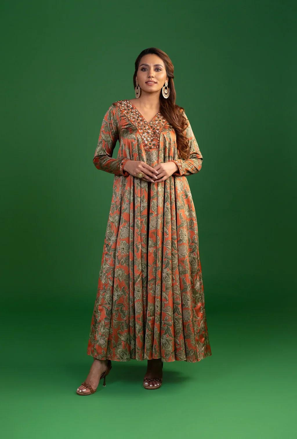 Orange Floral Anarkali Dress