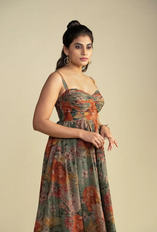 Olive Green Floral Print Short Dress