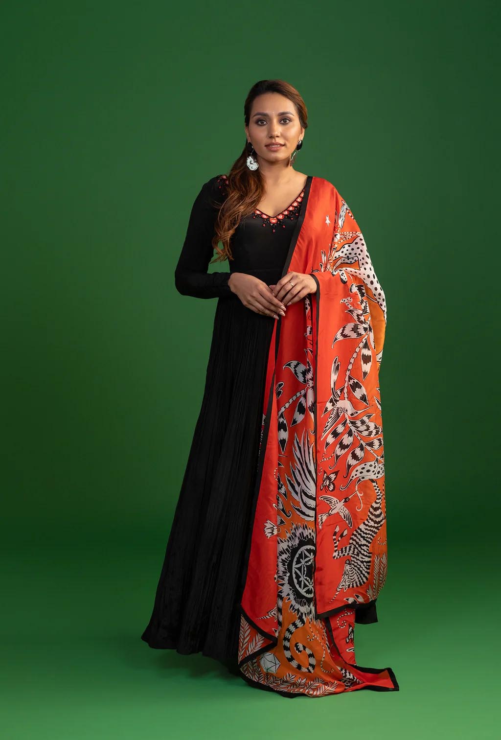 Black Anarkali with Orange Printed Dupatta