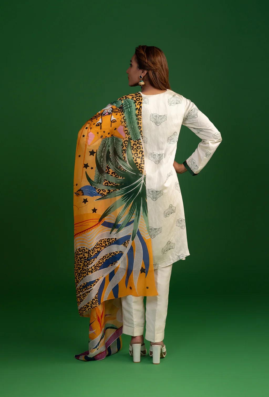 White Floral & Animal Print Kurta Set