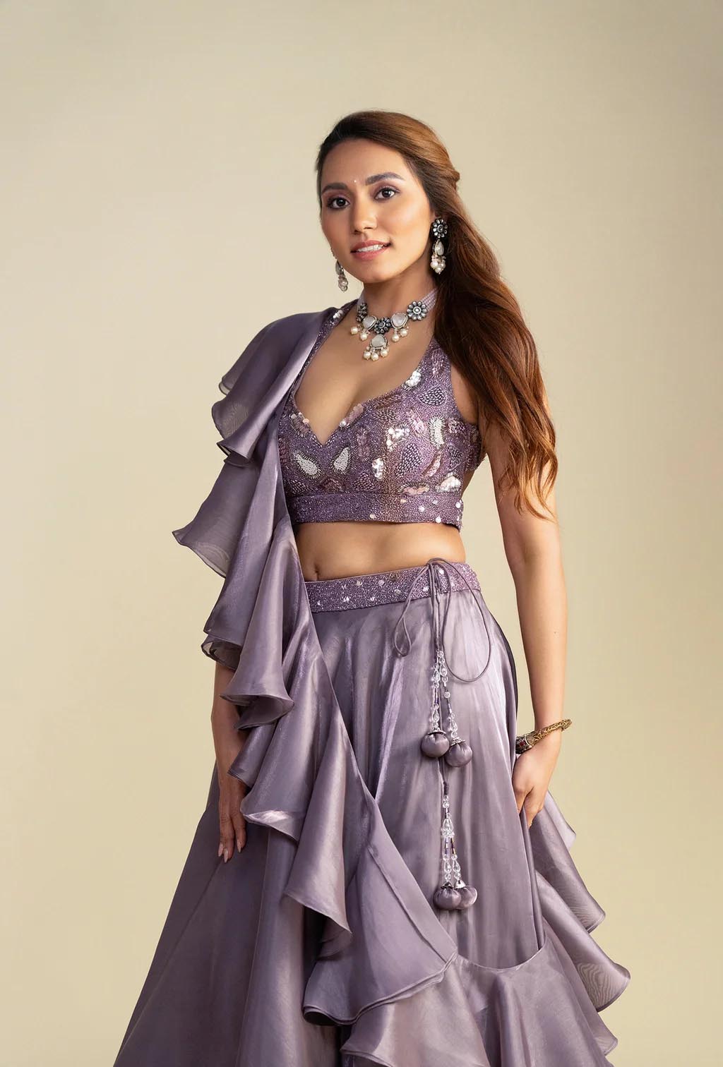Amber Purple Rose Ruffled Dupatta Lehenga Set