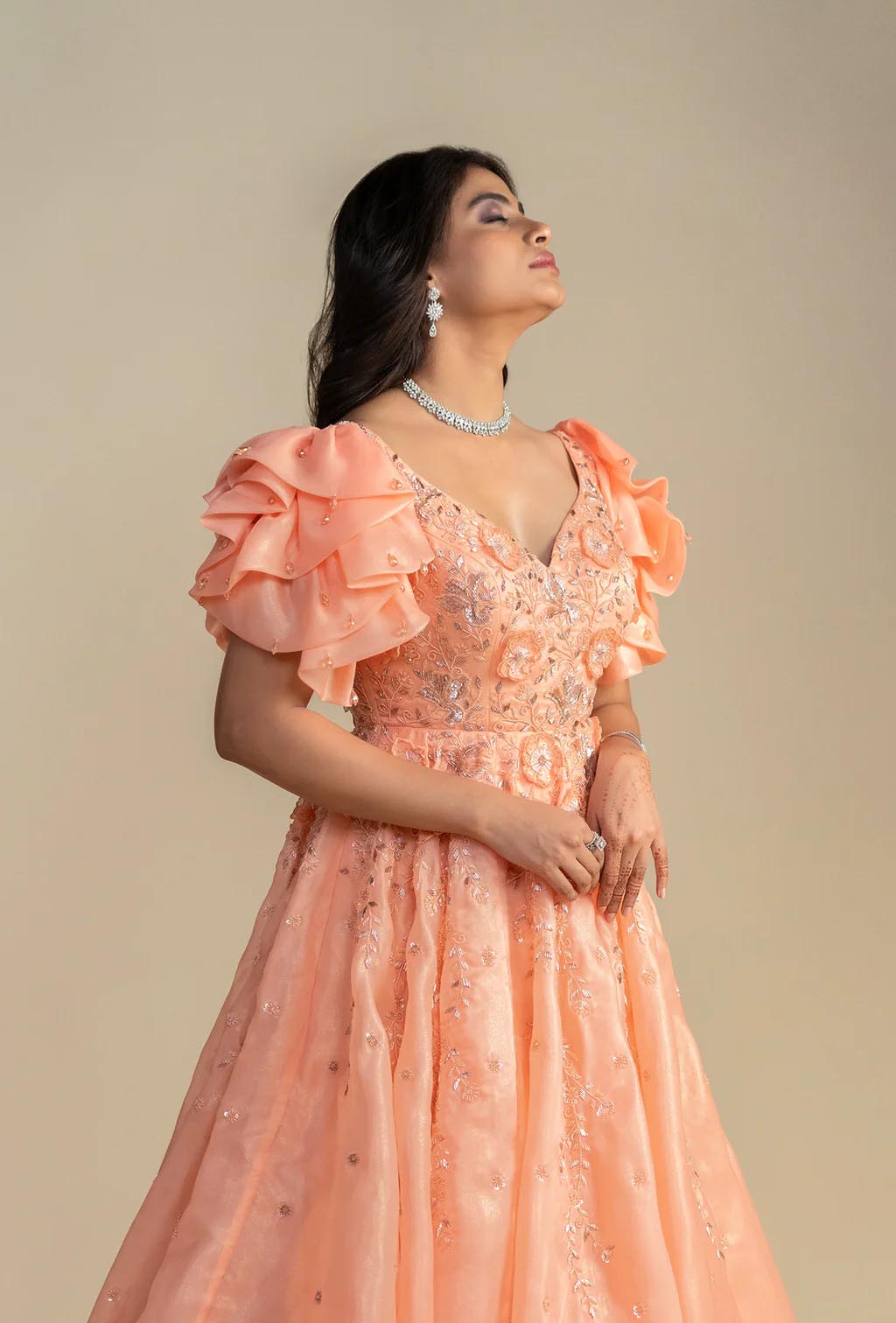 Fiona Coral Short Ruffle Sleeves Gown