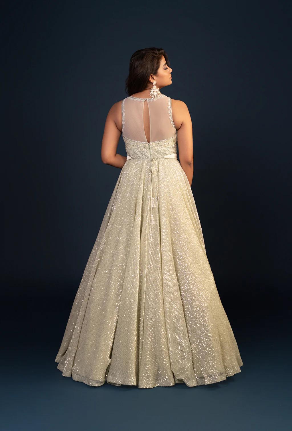 Evermore Shimmer Pista Green Sequined Gown