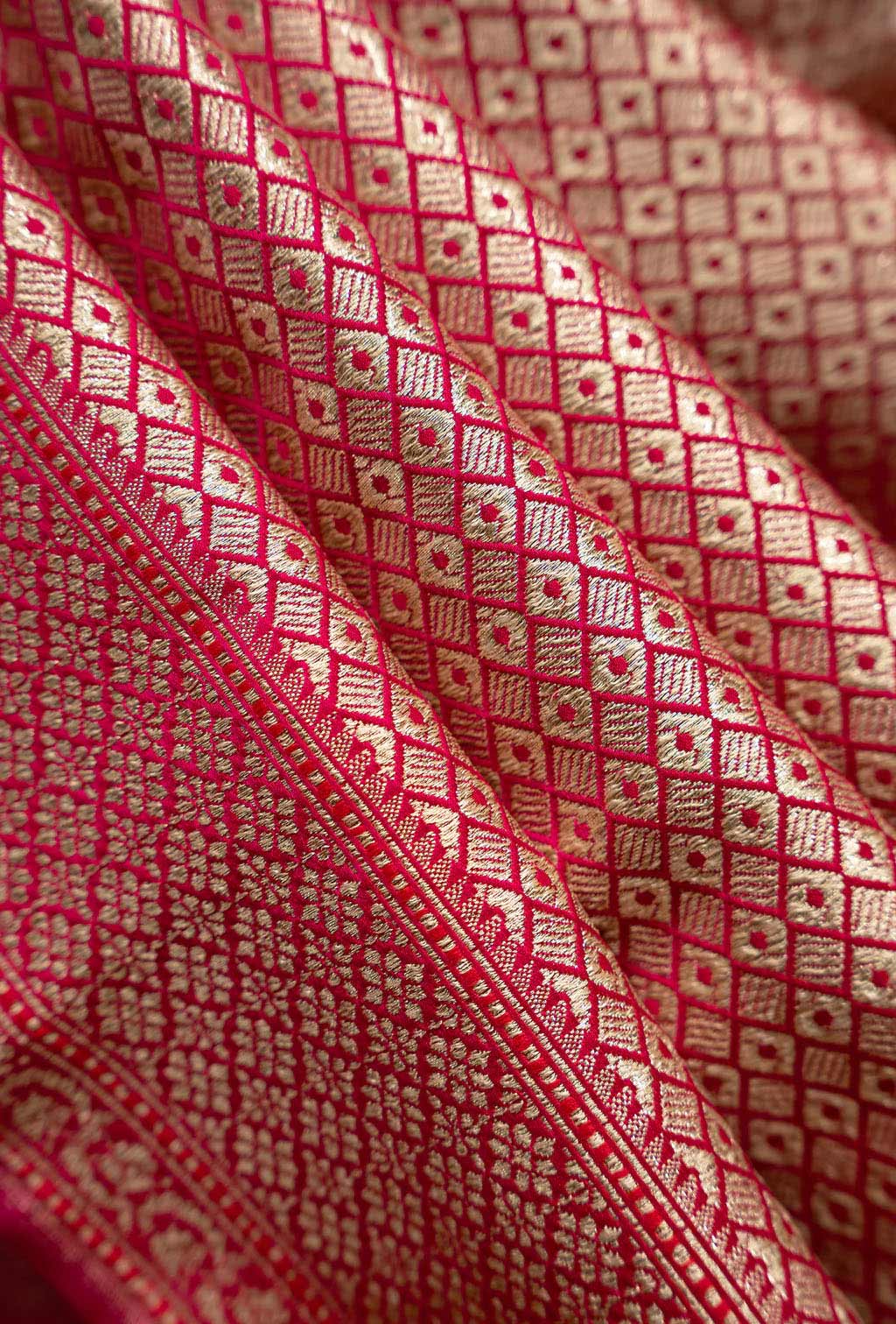 Rani Pink & Red Geometric Motif Mashru Silk Saree