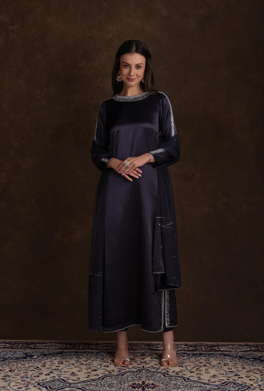Midnight Blue dazzled Neck Silk Contemporary Kurta Set