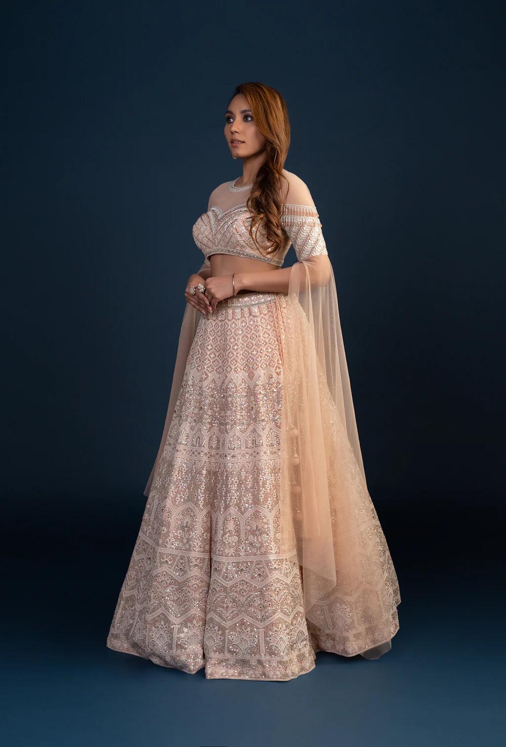 Elysian Peach Two Piece Lehenga Set with Resham & Sequins Work Cape