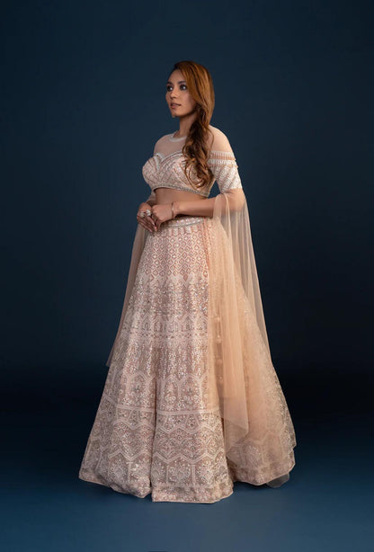 Elysian Peach Two Piece Lehenga Set with Resham & Sequins Work Cape