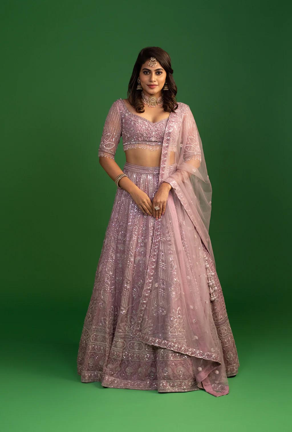 Sable Lilac Mauve Net Sequin Embroidery Lehenga Set