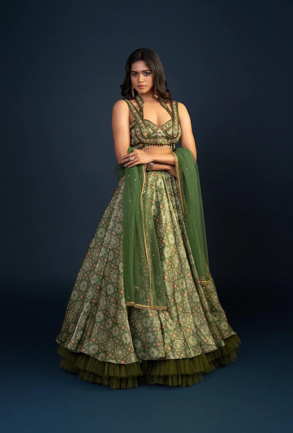 Maple Dark Olive Green Digitally Printed Criss Cross Neck Lehenga Set