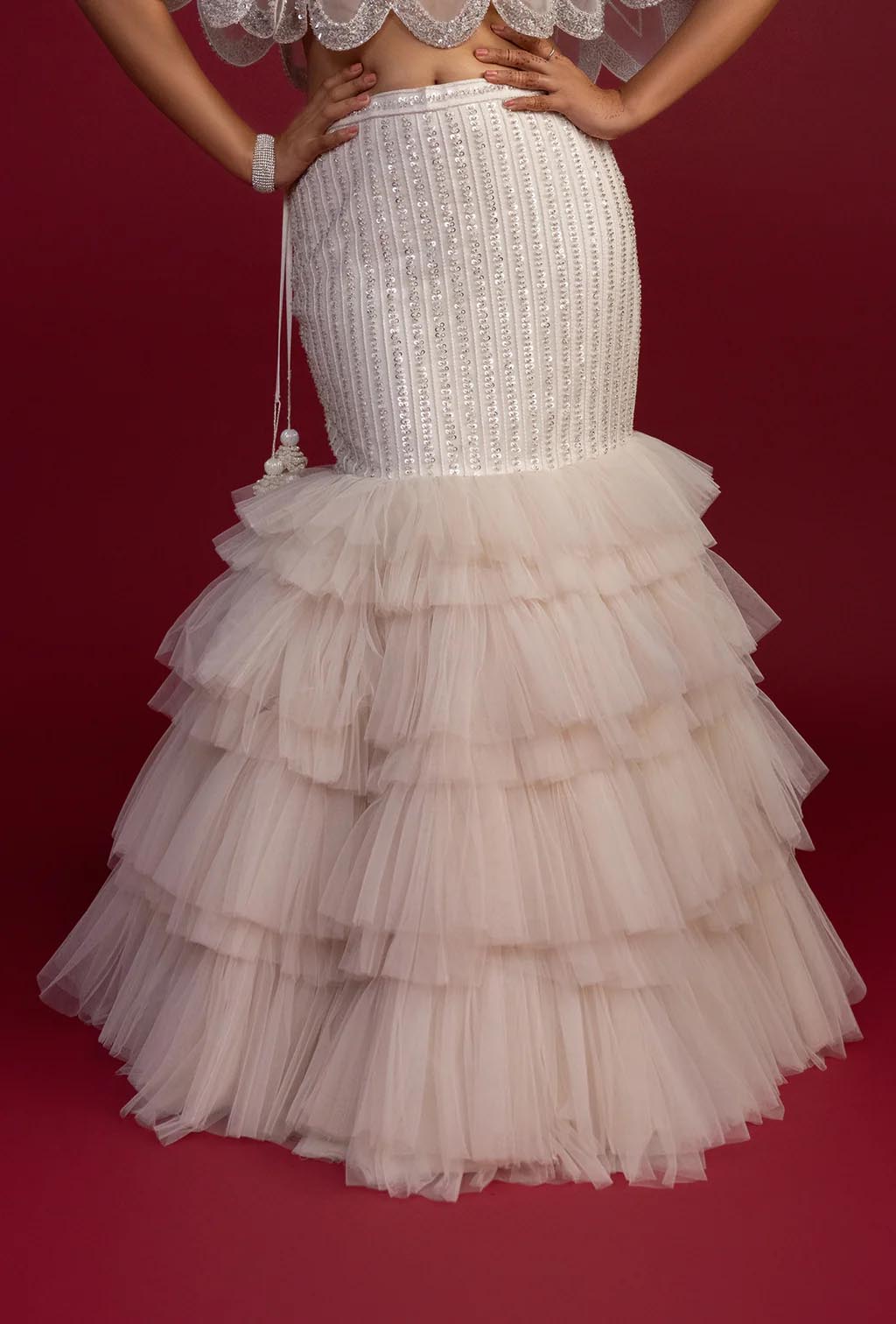 Elora White Fishcut Ruffled Lehenga with Crystal Cape