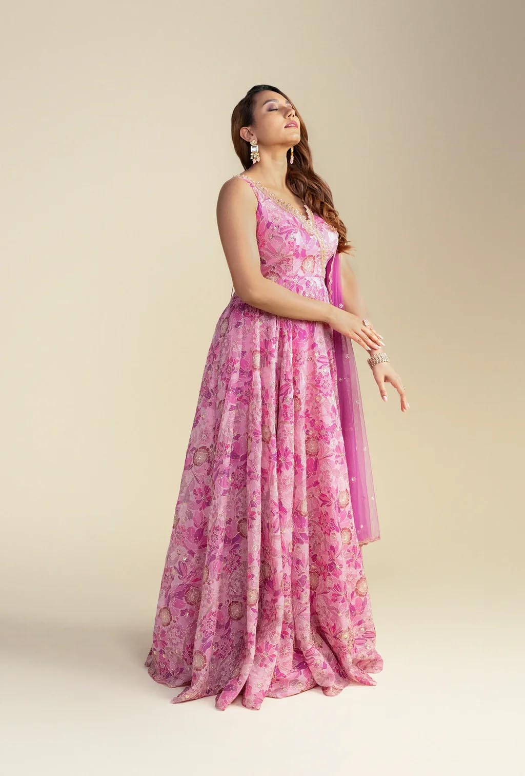 Pink Floral V-Neck Anarkali Set