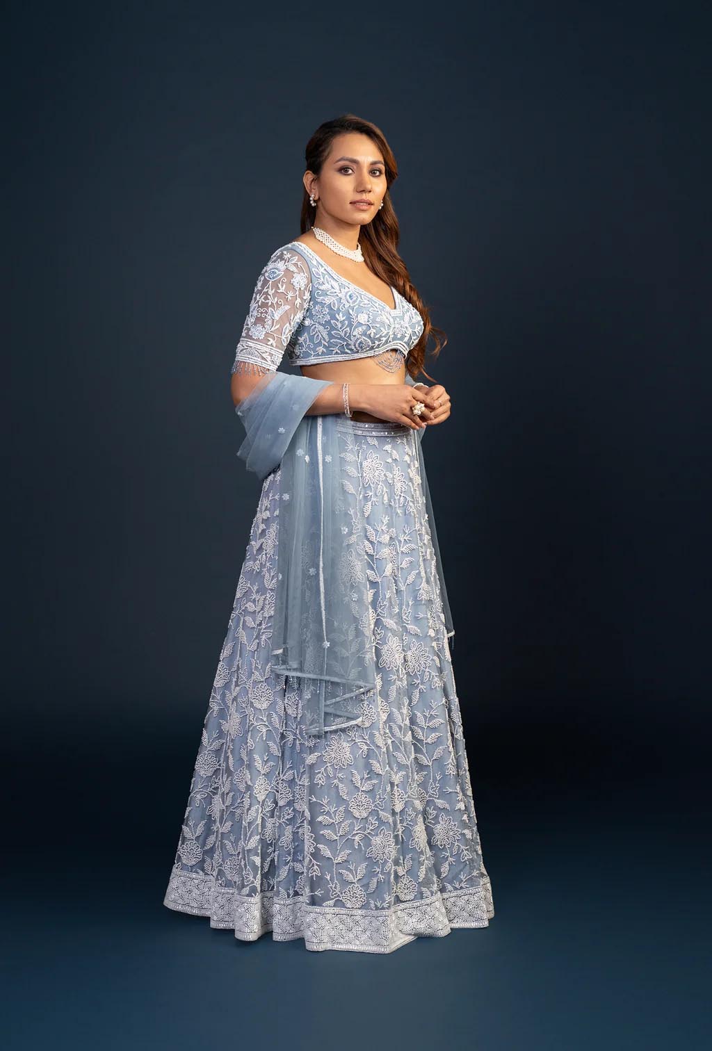 Nyra Frost Blue Floral Embroidery Lehenga Set