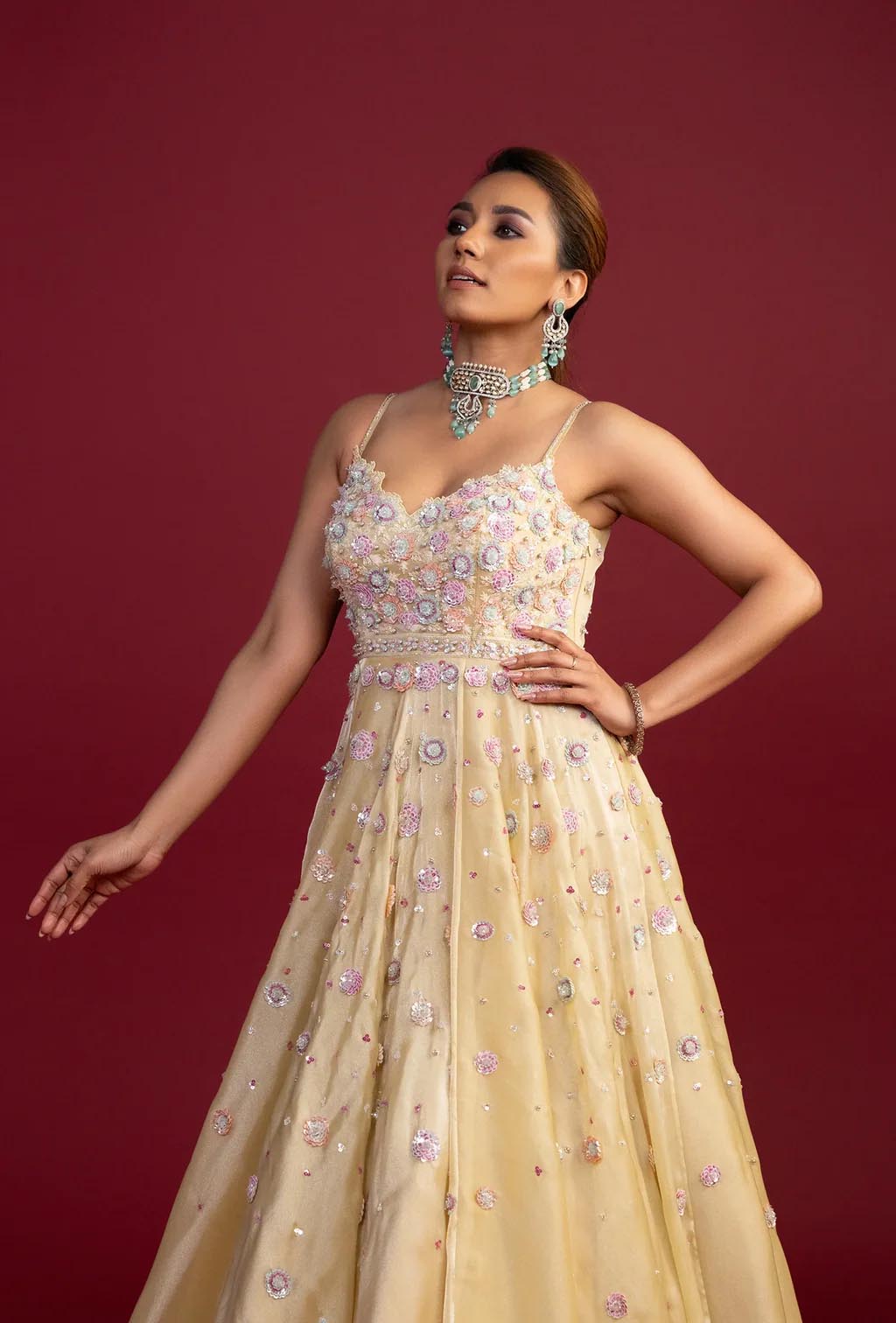 Belle Pastel Yellow with Embroidered Flowers Gown