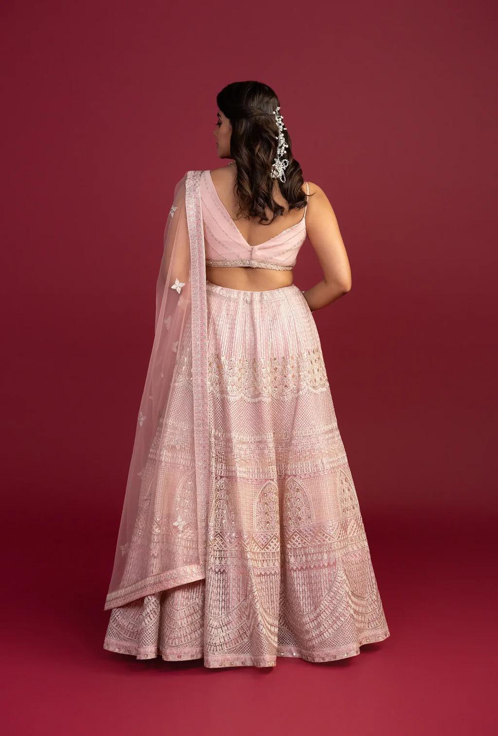 Daphne Pink Net Dupatta With Zardozi And Resham Work Lehenga Set