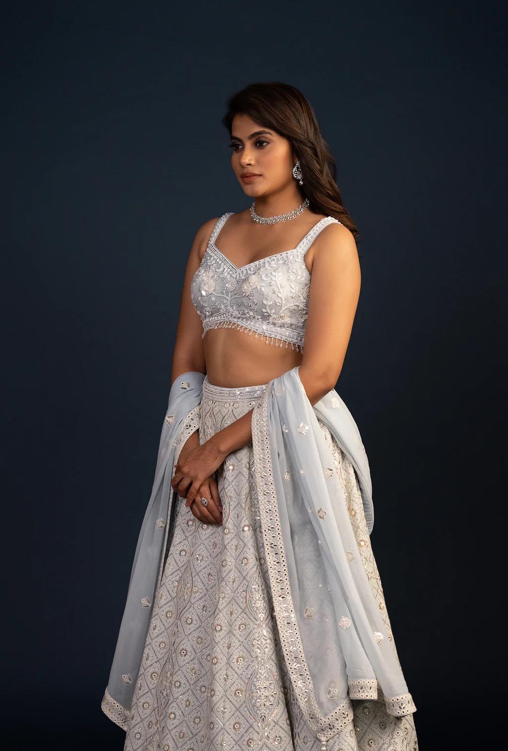 Serenade Powder Blue Heavy Embroidery Bemberg Organza Lehenga Set