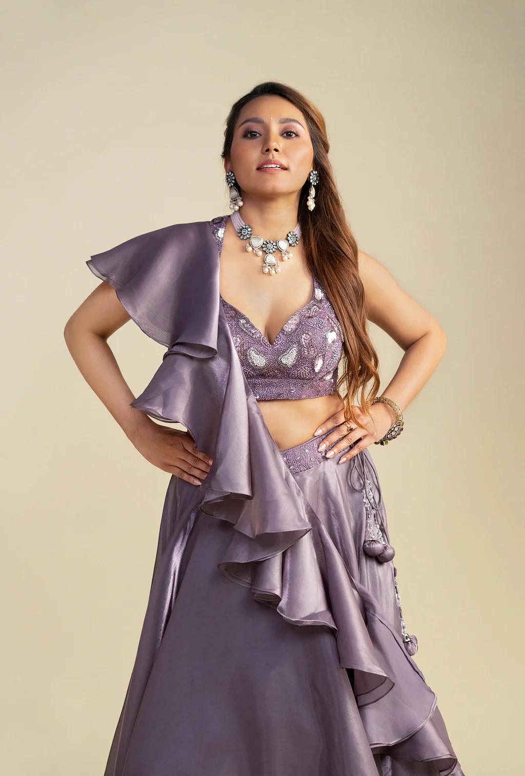 Amber Purple Rose Ruffled Dupatta Lehenga Set