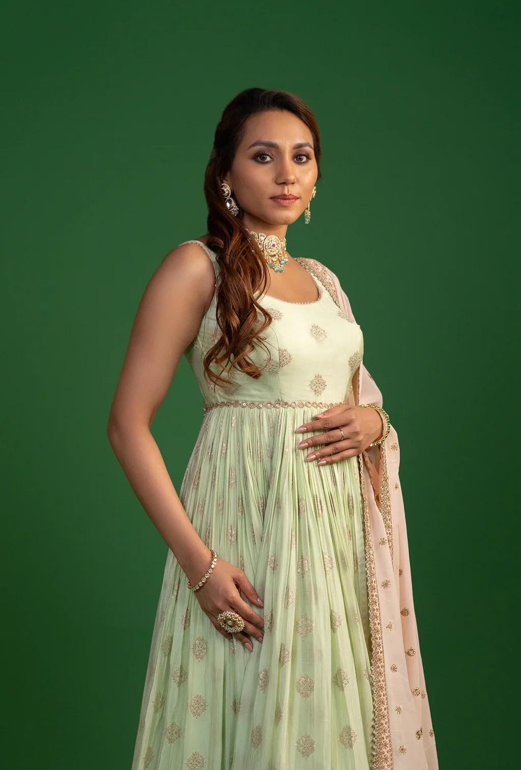 Pista Green Anarkali With Pink Dupatta