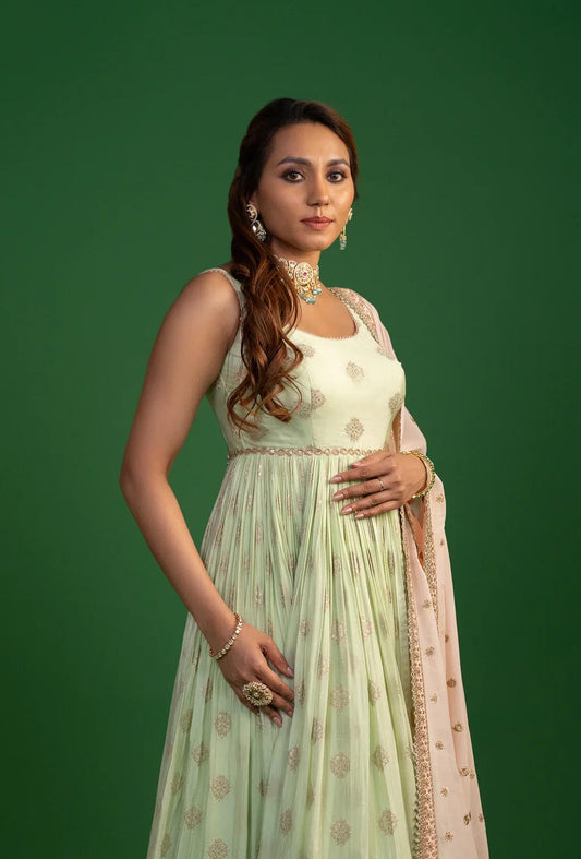 Pista Green Anarkali With Pink Dupatta