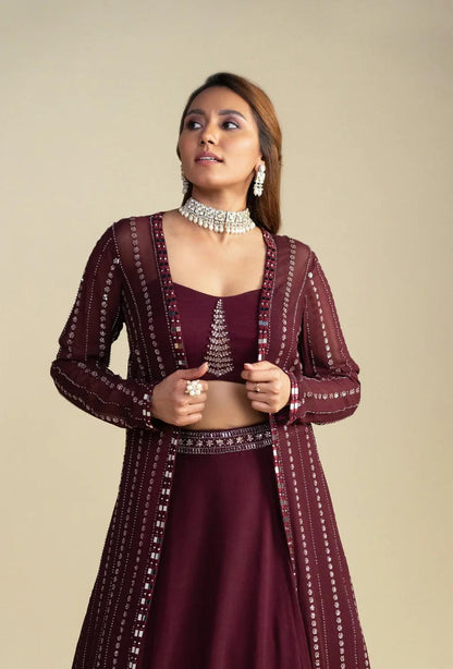 Carmine Maroon Long Sequined Jacket Lehenga Set