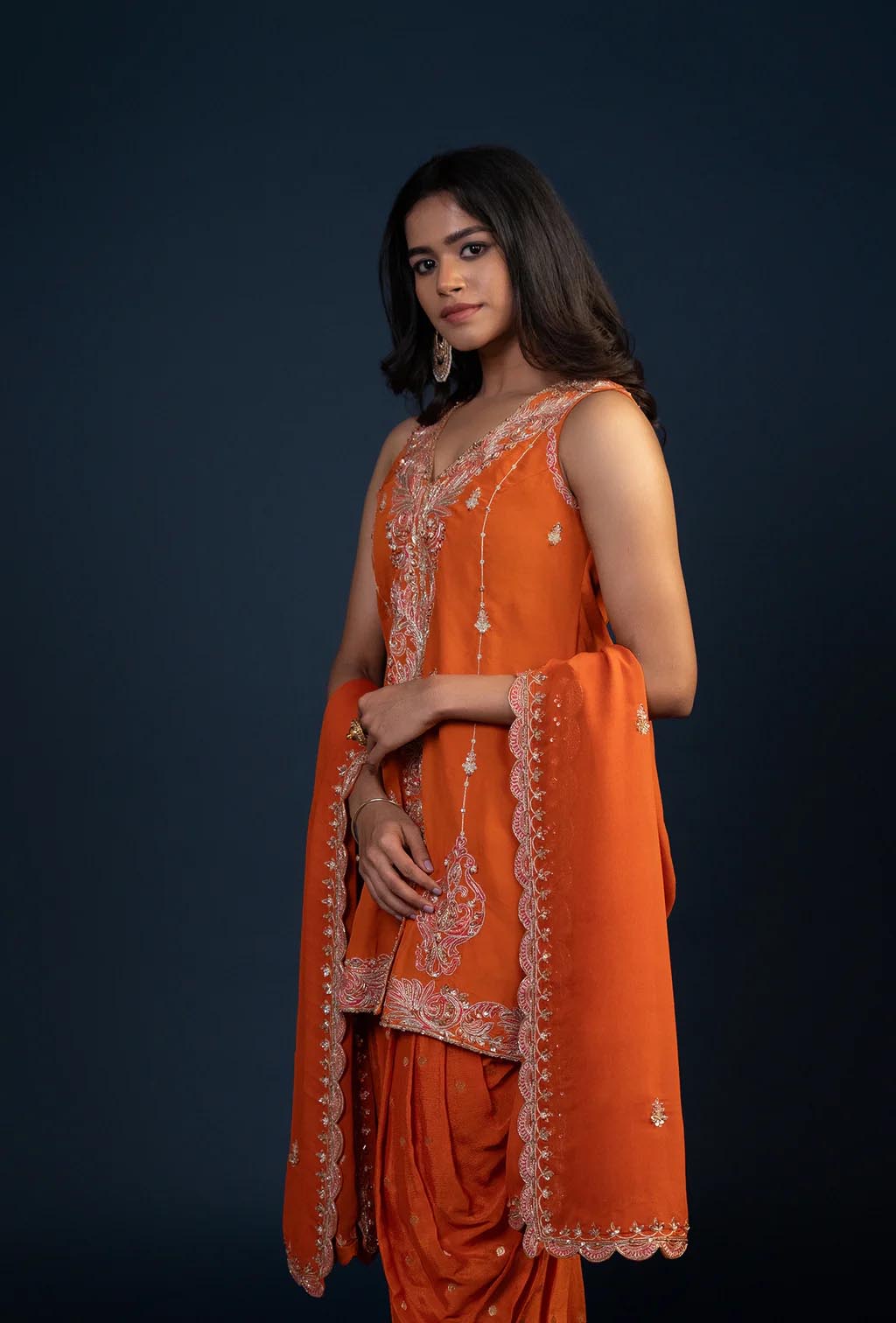 Carrot Orange Short Kurta & Dhoti Set