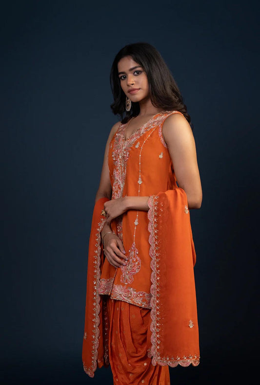 Carrot Orange Short Kurta & Dhoti Set
