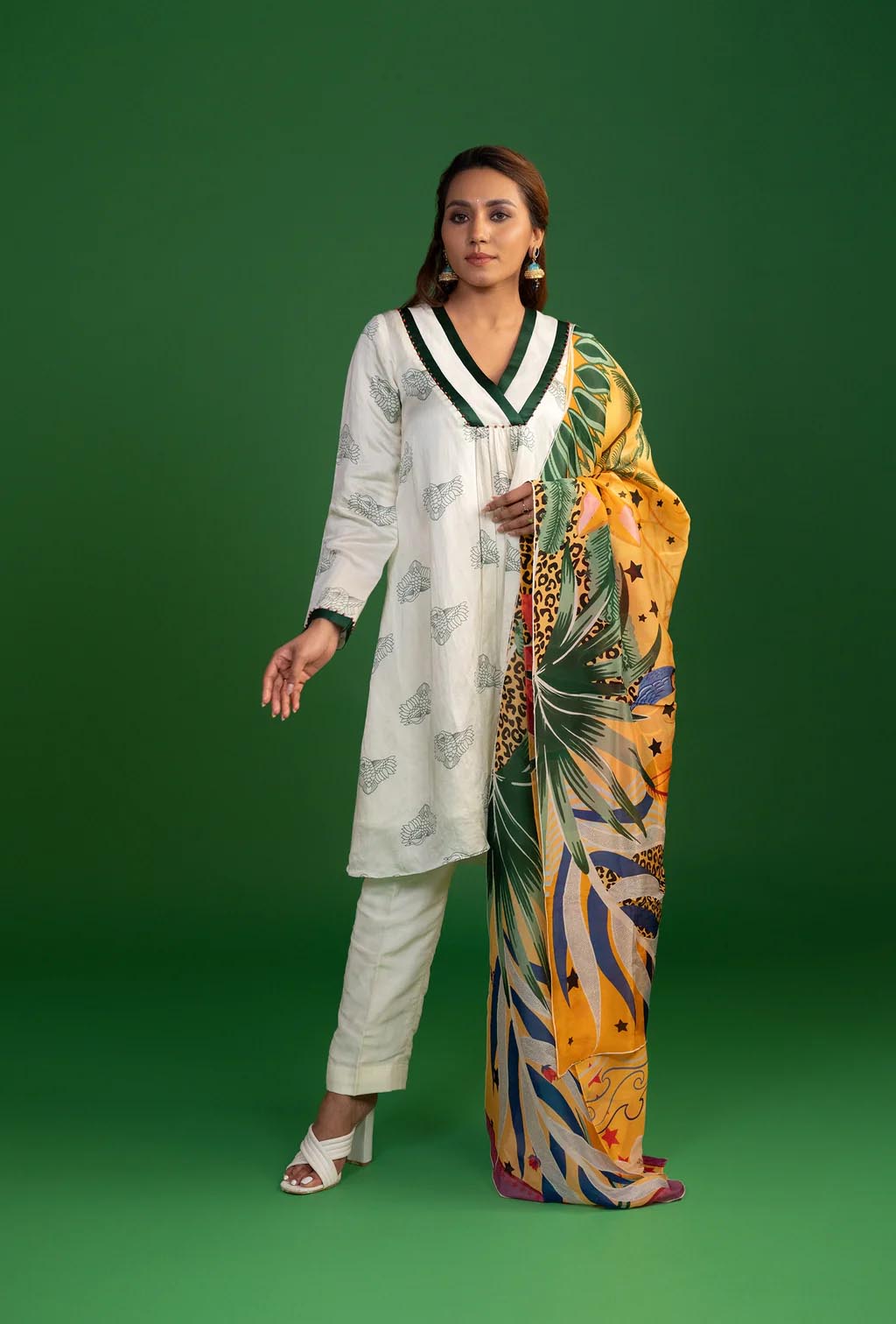 White Floral & Animal Print Kurta Set