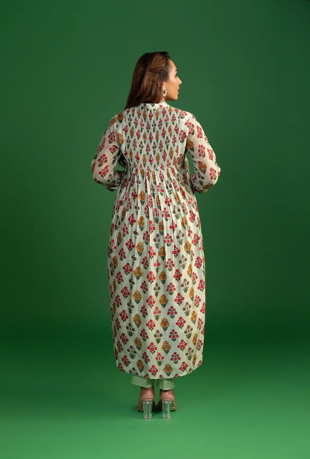 Pista Green Printed Stand Collar Kurta Set