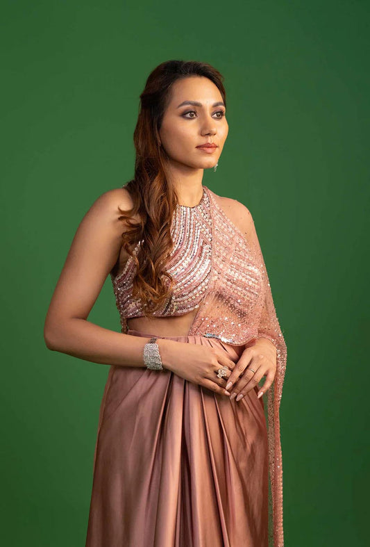 Khwab Tea Rose Pink Pre Draped Saree with Sequined Blouse