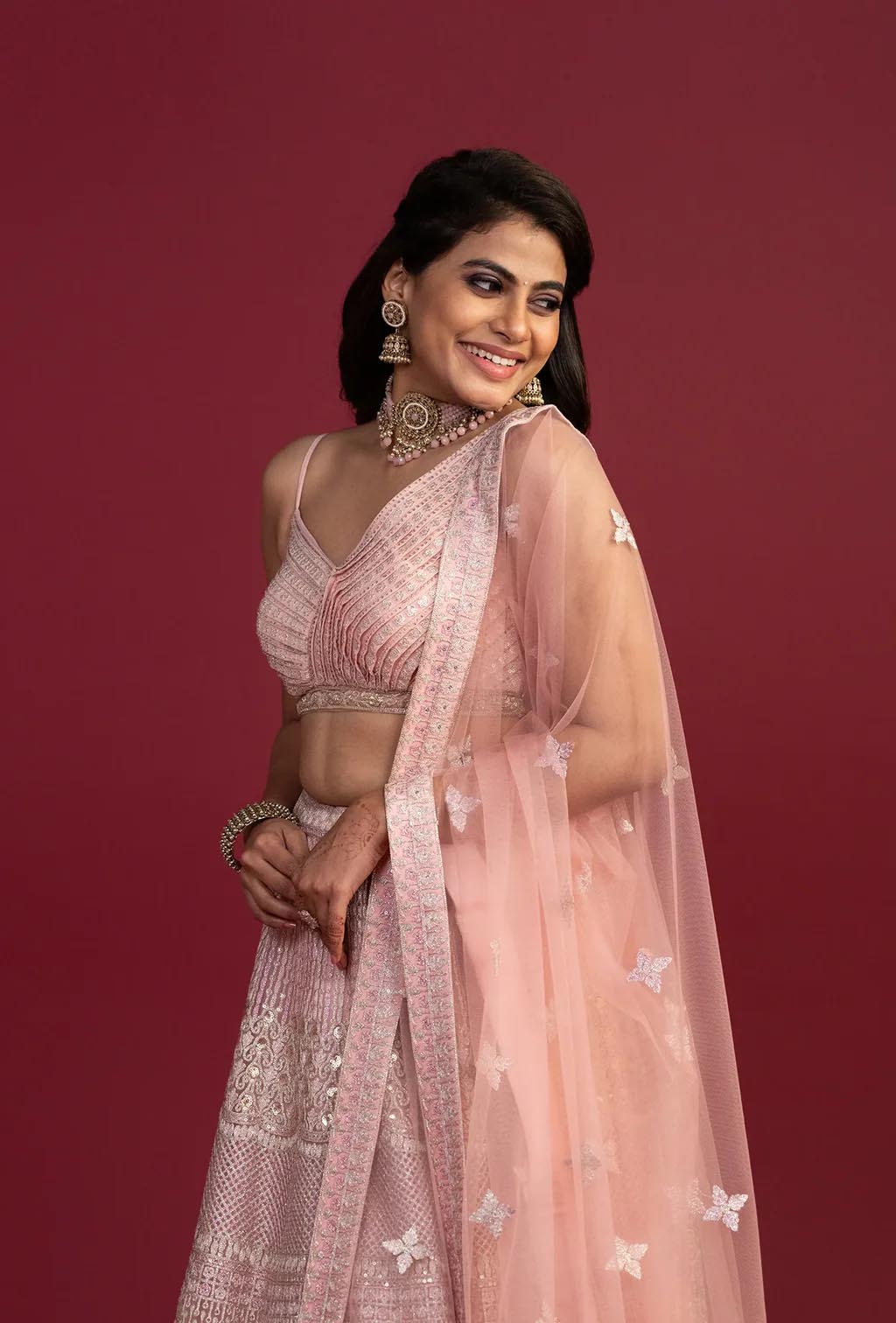 Daphne Pink Net Dupatta With Zardozi And Resham Work Lehenga Set