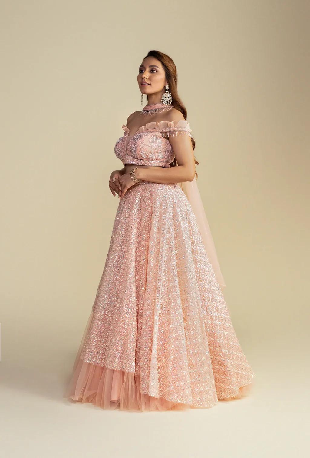 Dewdrop Romantic Pink Sequined Lehenga with Off Shoulder Sleeves