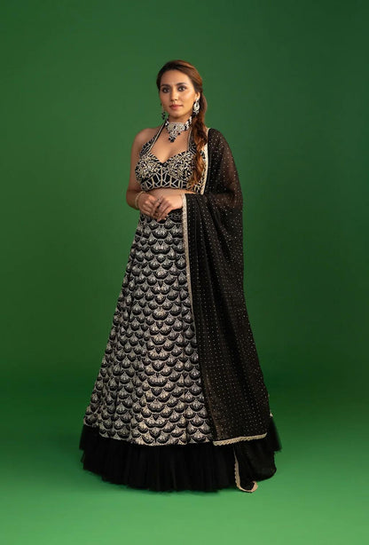 Zariya Black Zardozi Scalloped Lehenga Set
