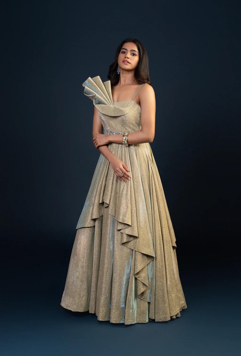 Luna Golden Green Multilayered Stone Work Gown