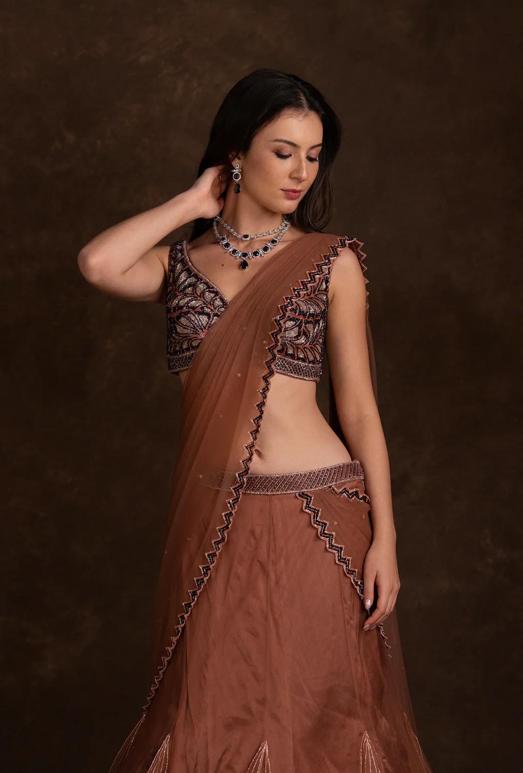 Saira Rust Red Mermaid Ruffle Lehenga Saree