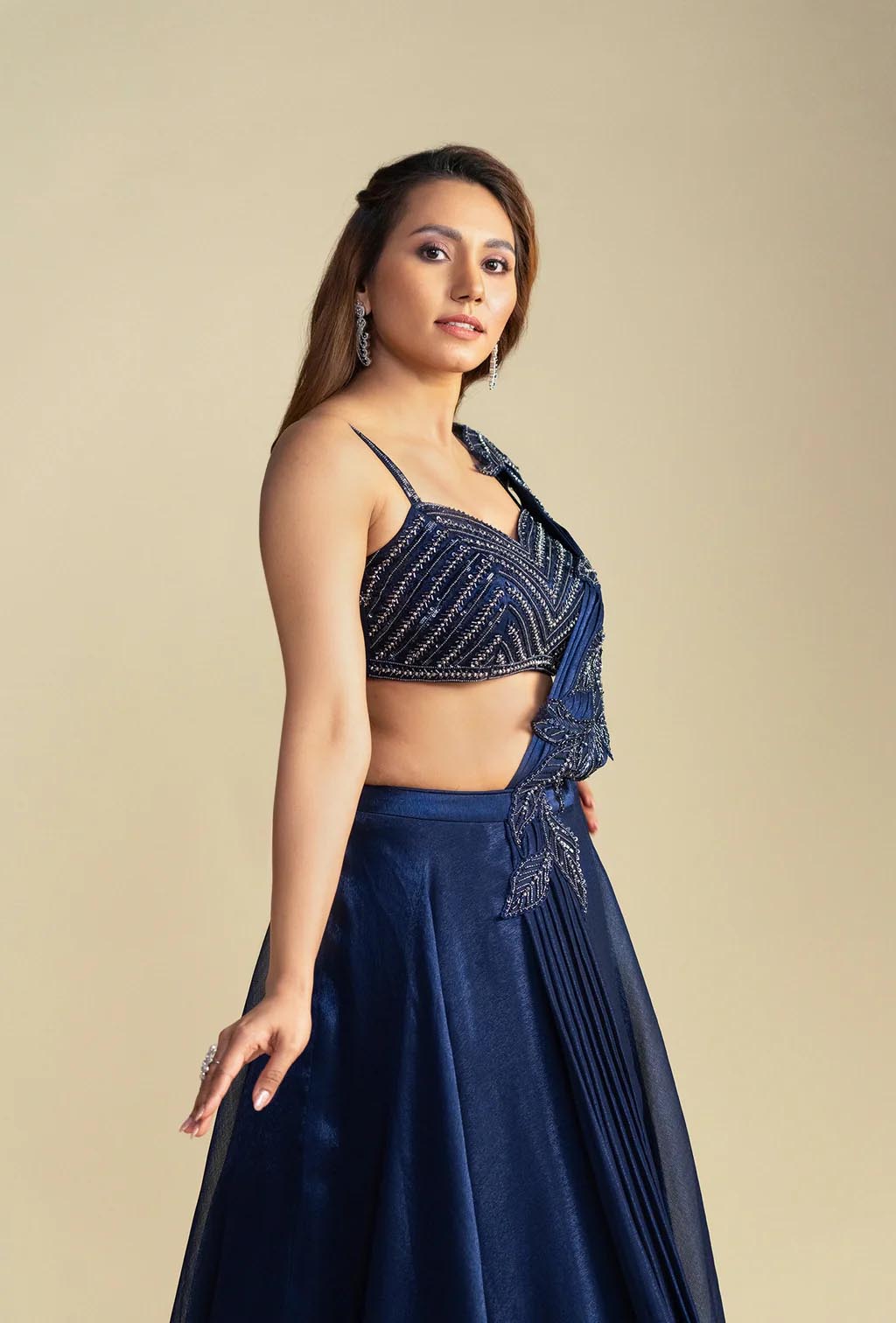 Azura Navy Blue Lehenga with Attached Aplique Dupatta Set