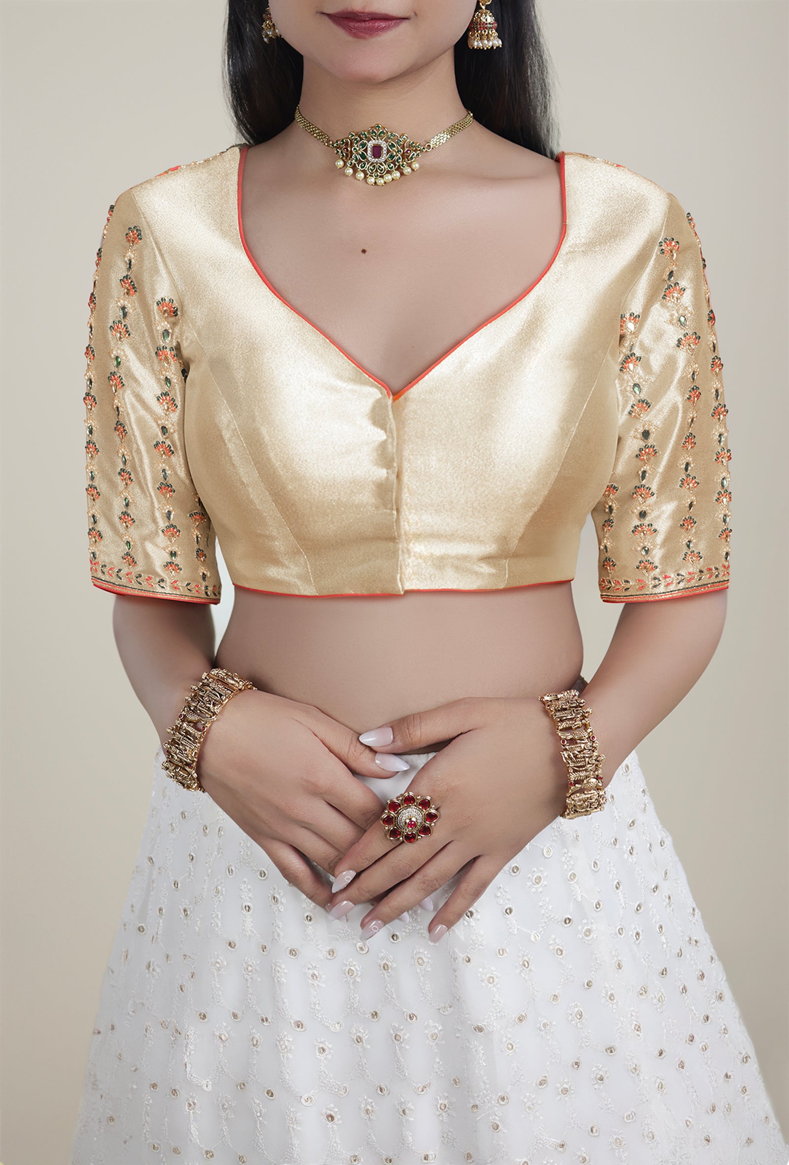 Ganesha-Inspired Light Gold Sweetheart Neck Tissue Blouse
