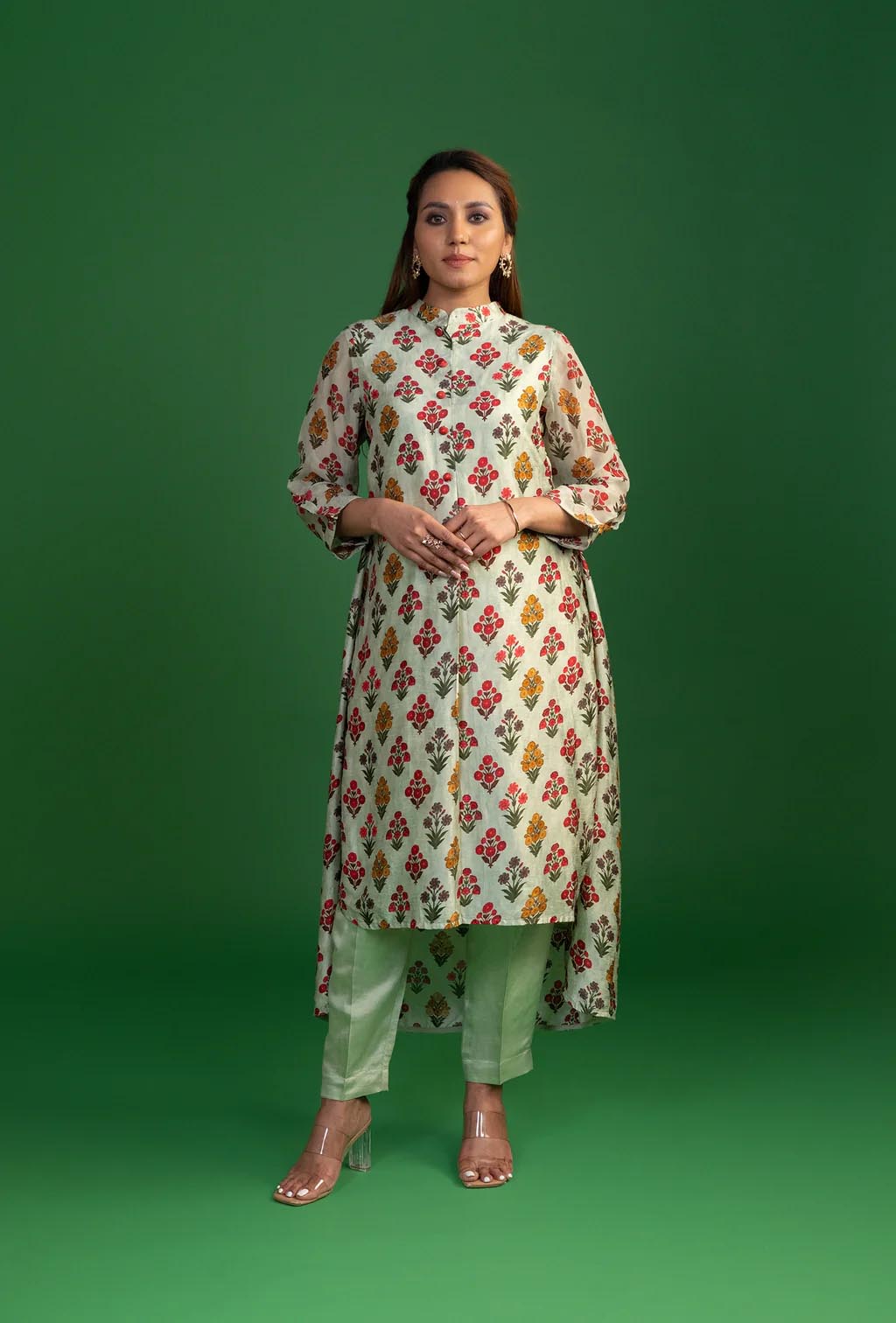 Pista Green Printed Stand Collar Kurta Set