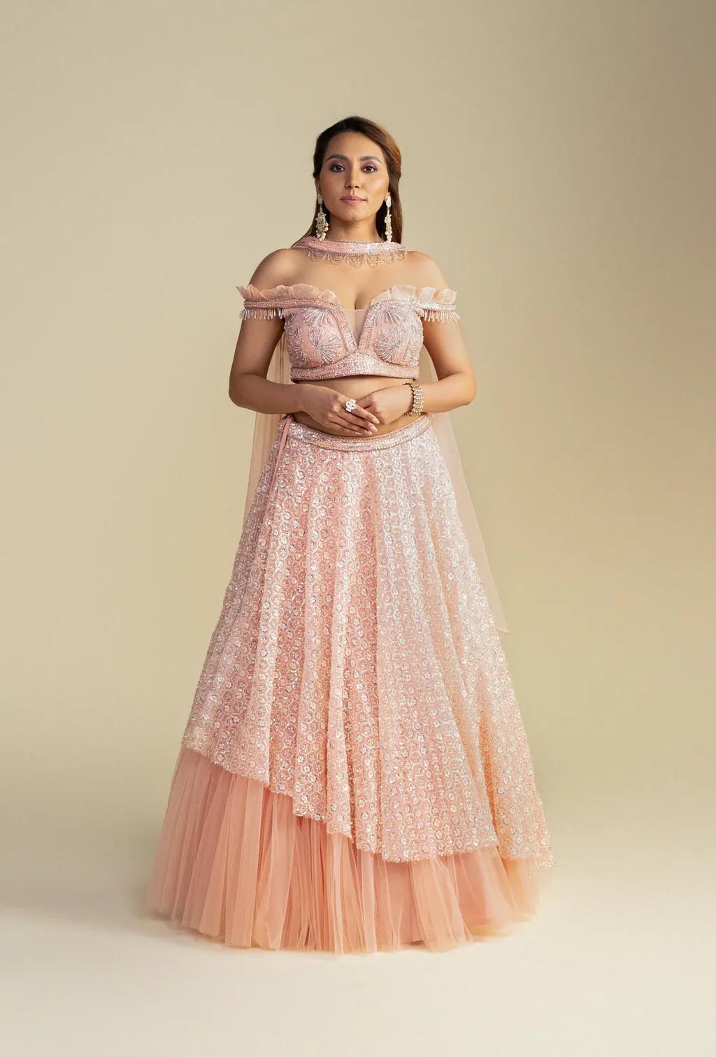 Dewdrop Romantic Pink Sequined Lehenga with Off Shoulder Sleeves