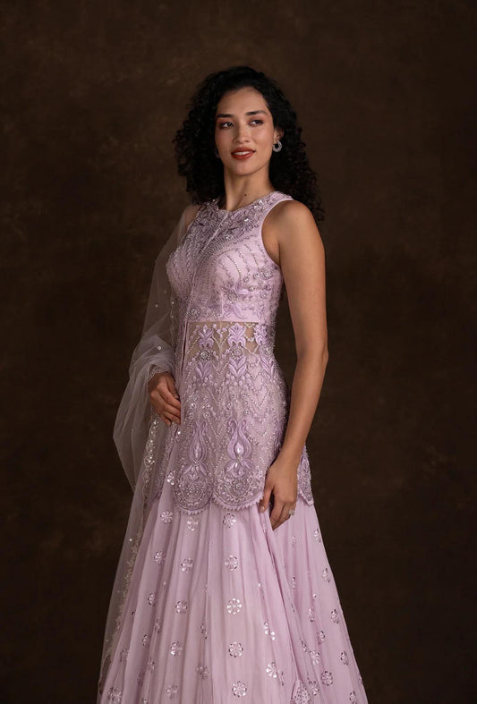 Aspen Lavender Jacket Blouse Mirror and Cut Dana Lehenga Set