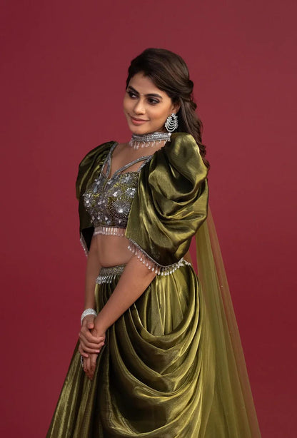 Juniper Dark Olive Green Ruffled Sleeves Lehenga Set