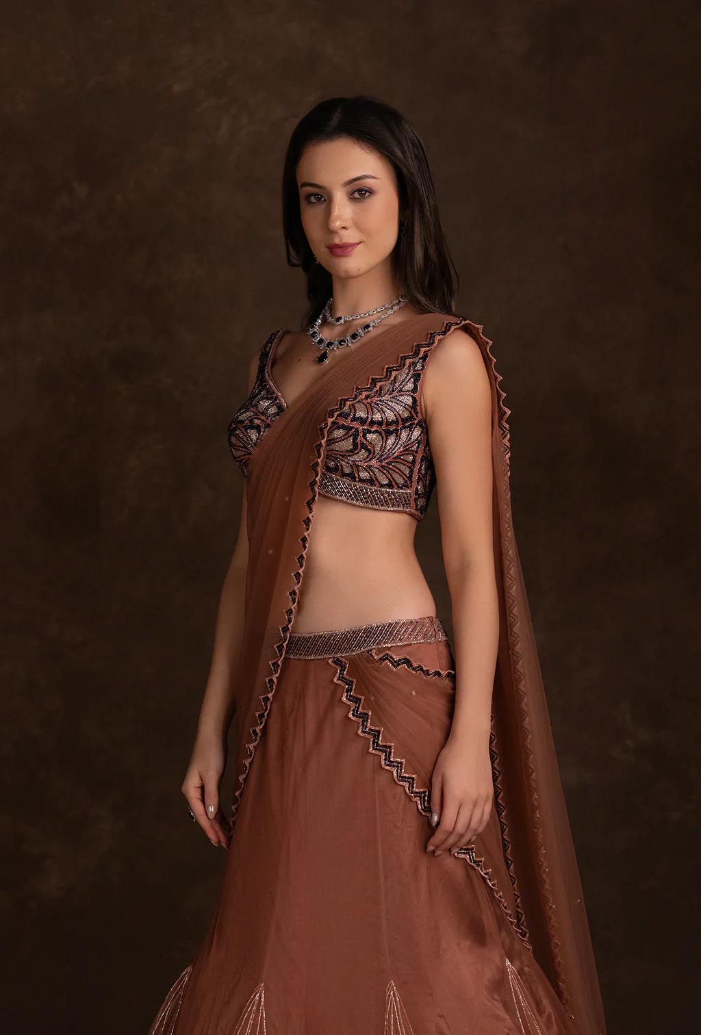 Saira Rust Red Mermaid Ruffle Lehenga Saree