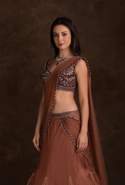 Saira Rust Red Mermaid Ruffle Lehenga Saree