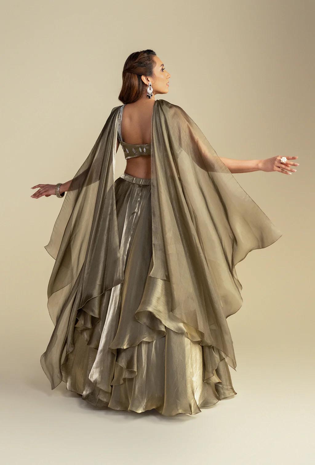 Aura Golden Green Glass Tissue Organza Lehenga with Metallic Blouse