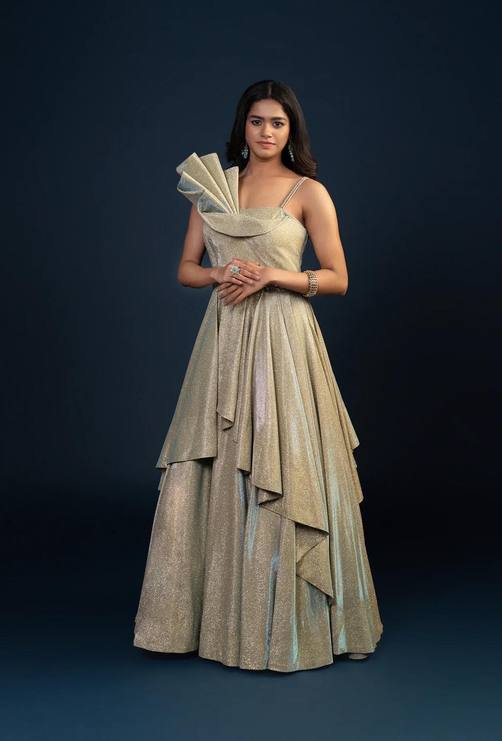 Luna Golden Green Multilayered Stone Work Gown