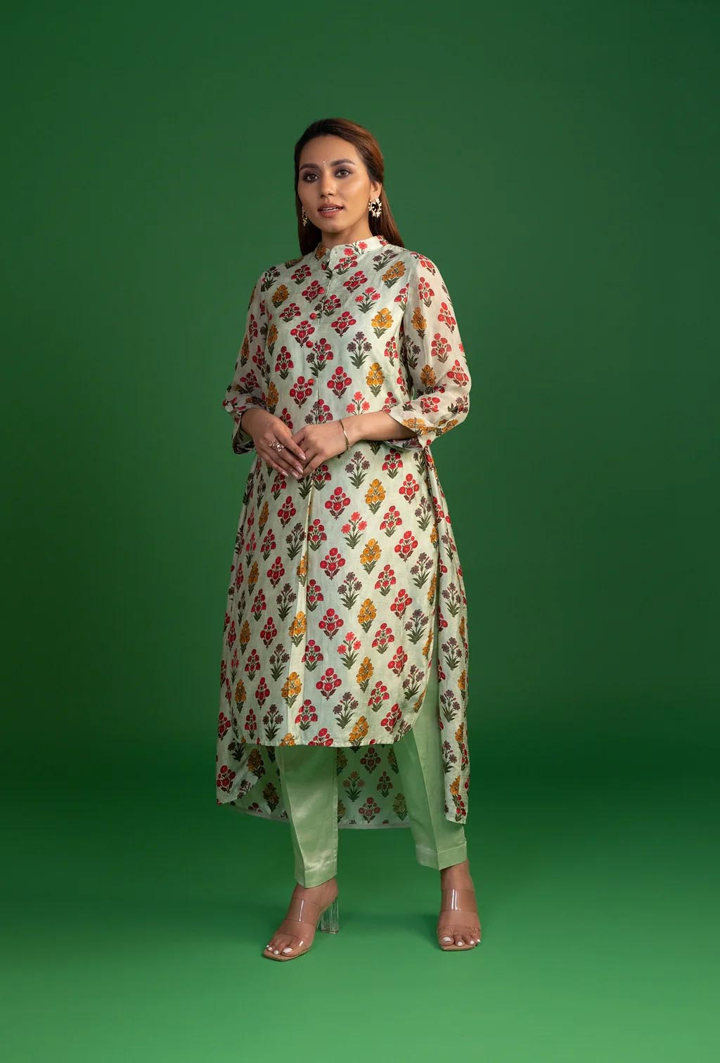 Pista Green Printed Stand Collar Kurta Set