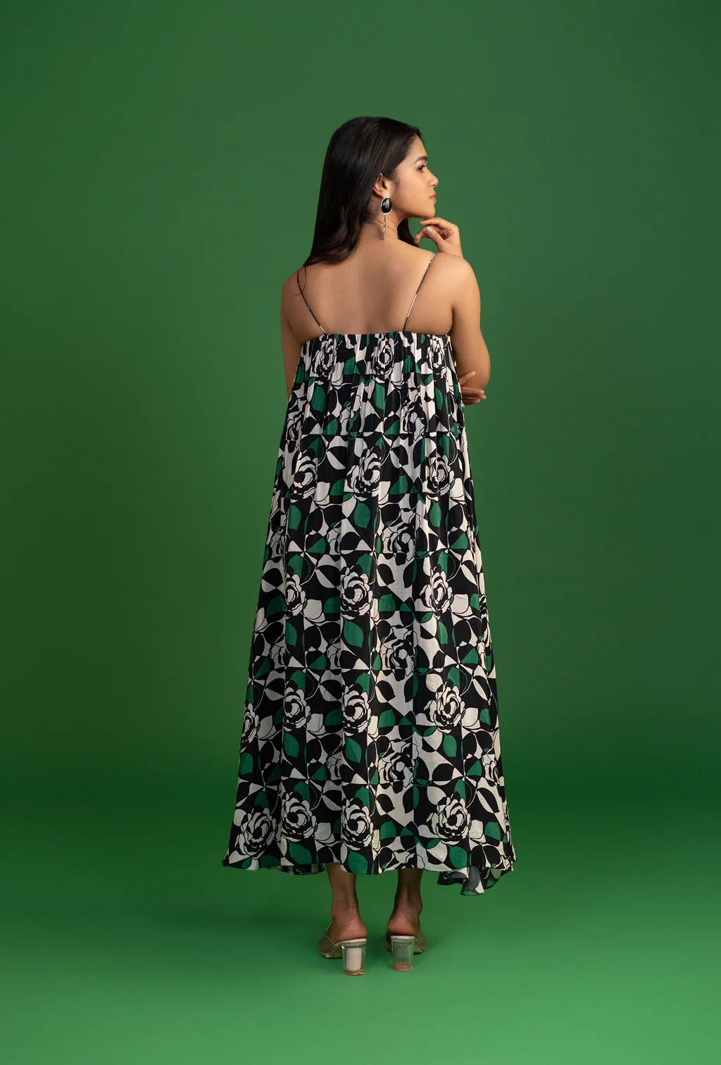 Black & Green Print Calf Length Dress