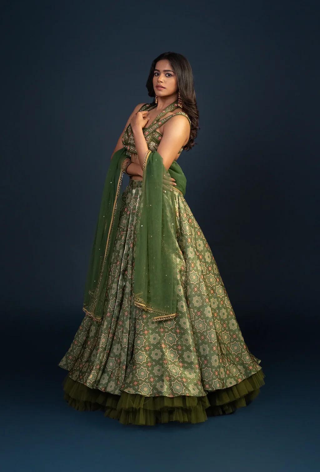 Maple Dark Olive Green Digitally Printed Criss Cross Neck Lehenga Set