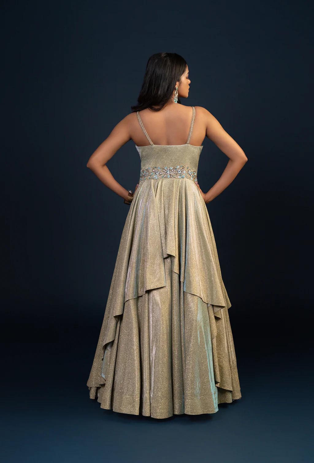 Luna Golden Green Multilayered Stone Work Gown