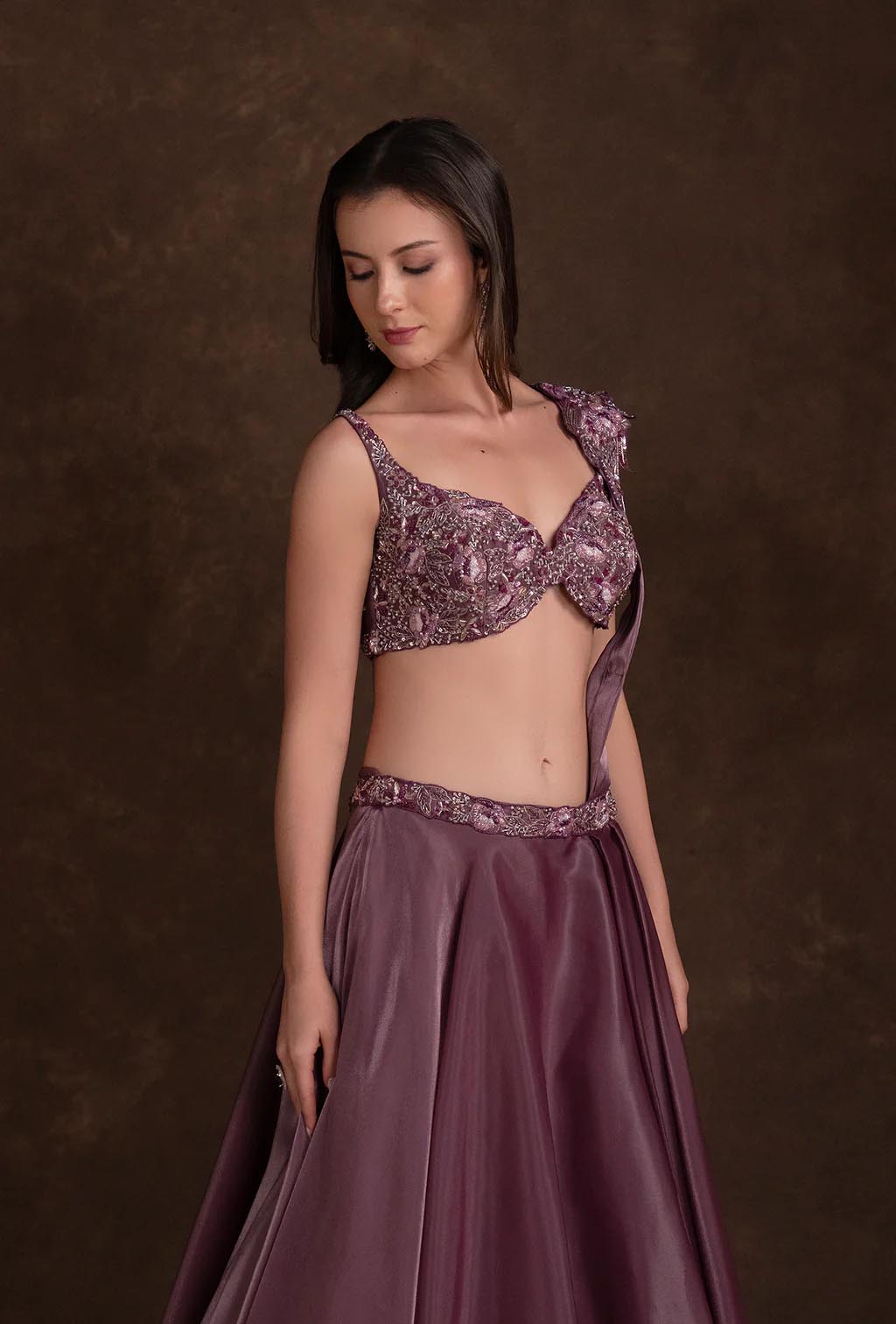 Amora Berry Wine Glass Tissue Embroidered Lehenga Set with Attached Dupatta