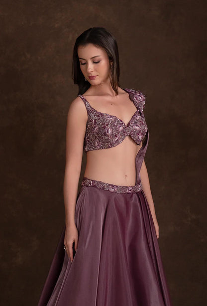 Amora Berry Wine Glass Tissue Embroidered Lehenga Set with Attached Dupatta